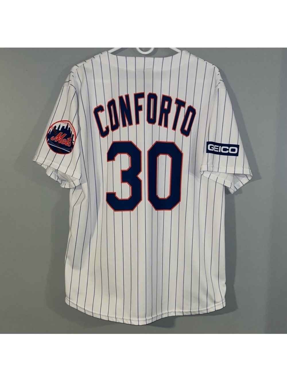 New York Mets #30 Michael Conforto White Pinstripe Retro MLB Baseball Jersey SGA